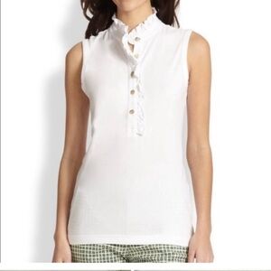 Lidia Tory Burch Rare XL White Ruffle Sleeveless Gold Logo Buttons Polo Tank